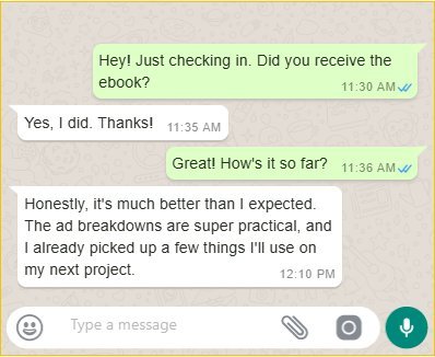 WhatsApp conversation: buyer confirms receiving the ebook and enjoying it